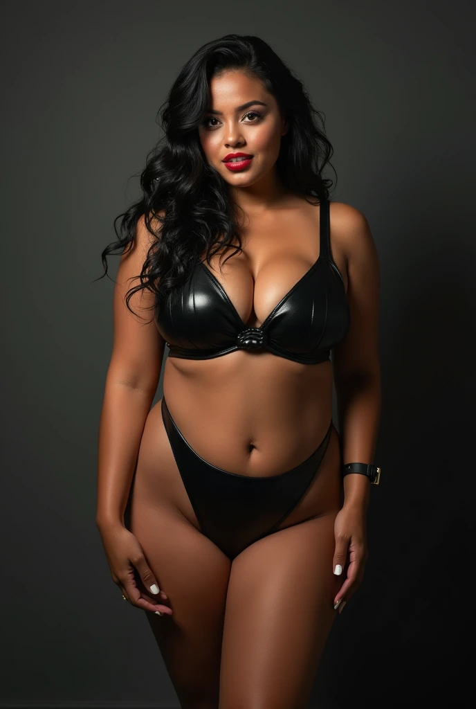 araffes in a black leather bra top and high heels posing for a picture, angela white, voluptuous and arousing, extremely plump, covered sfw huge breasts, voluptuous body, giant stunning goddess shot, wet swimsuit, wearing leather bikini, with large breasts, voluptuous figure, curvy, powerful and huge, thick shining black hair