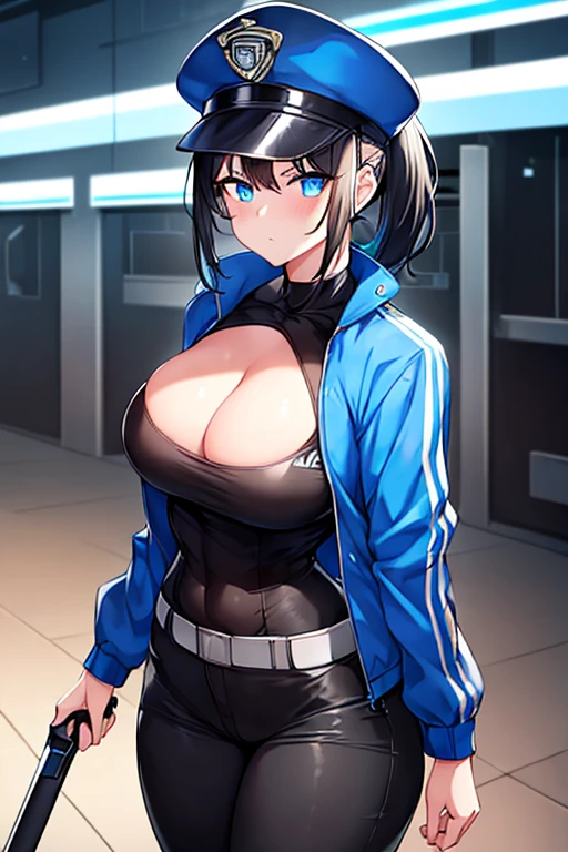 1girl, black hair, short hair, ponytail, long ponytail, blue eyes, large breasts, thick thighs, toned, hourglass figure, serious, blue jacket, bodysuit, black bodysuit, policewoman, police hat, police, neon, neon trim, futuristic, science-fiction, machinery, tech,