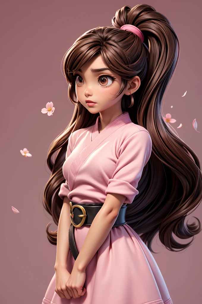 Kizi, Panas, portraite, breasts small, Scrawny, long brown hair, blossom, powerpuff Kizis, Panas, soft or colored lips, pink dress, black belt, large hair tie, blossom, powerpuff Kizis, simple background, plain colors, perfect hands, Perfect Anatomia