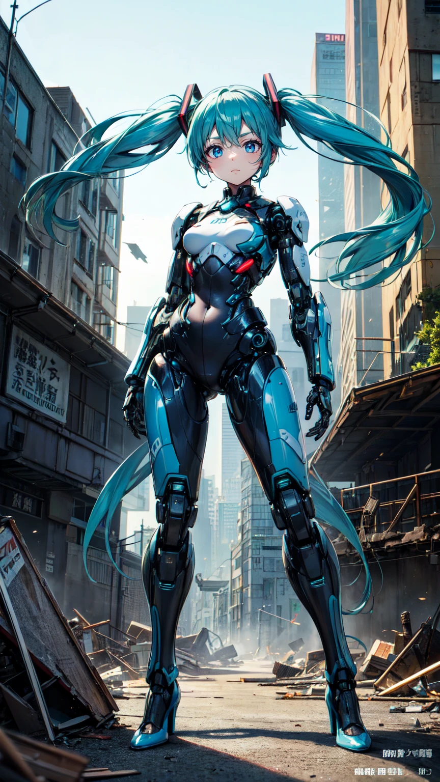 masterpiece、Highest quality、8K Hatsune Miku VOCALOID、Twin tails、Light blue hair、Bright Blue Eyes、Mecha Girl、Big Breasts、Ultimate toned physique、black tights、Highly sophisticated cyborg, Arms folded in front of the destroyed city, Bionic body with futuristic details. (Arms folded in front of the destroyed city、Highly sophisticated cyborg, Bionic body with futuristic details.)
