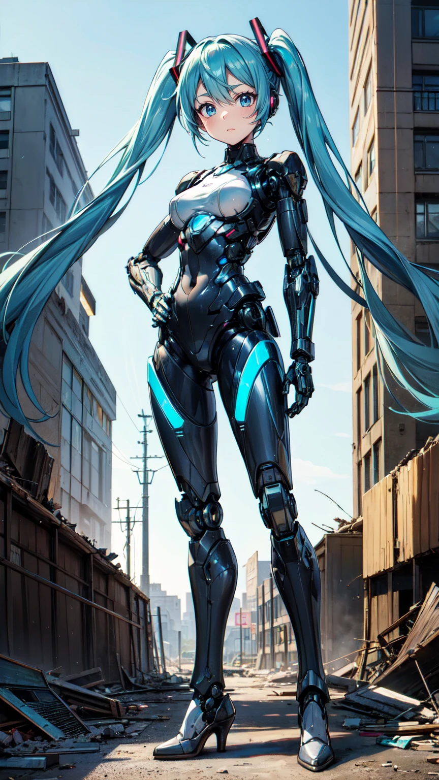 Hatsune Miku Vocaloid、Twin tails、Light blue hair、Bright Blue Eyes、High heels、Highly sophisticated cyborg, Arms folded in front of the destroyed city, Bionic body with futuristic details. (破壊された街の前で腕を組んだHighly sophisticated cyborg, Bionic body with futuristic details.)