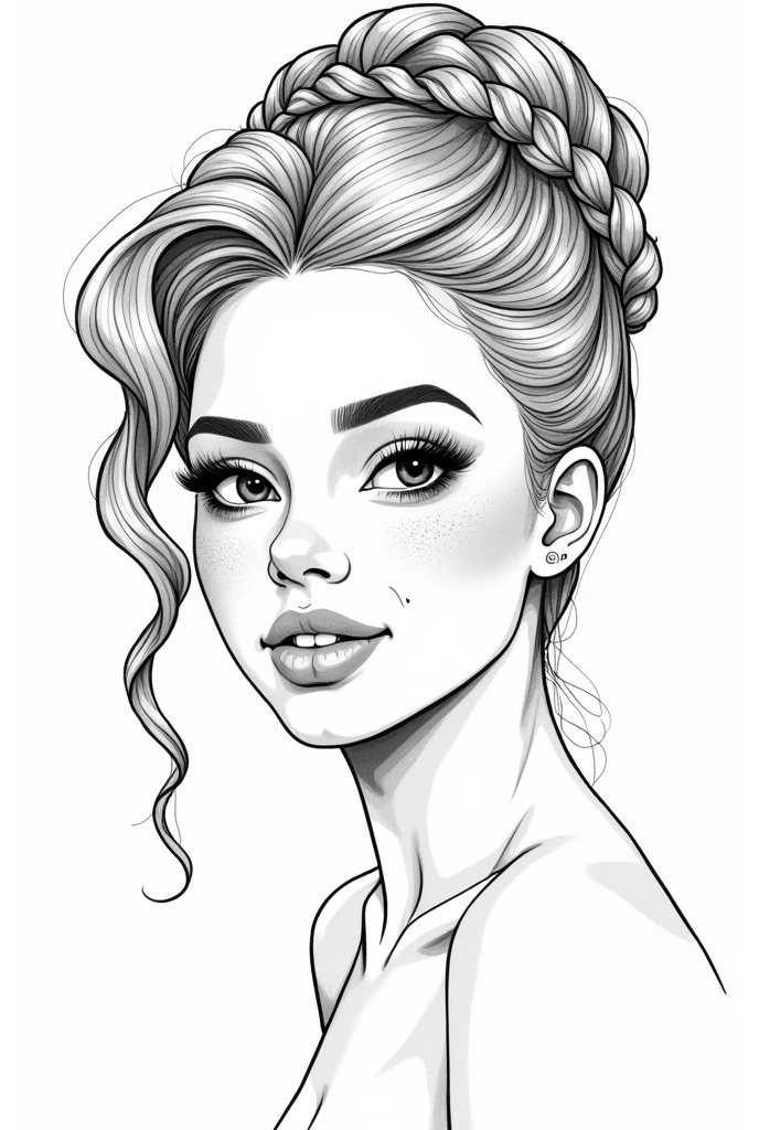 Portrait of young exotic beautiful ethnic basin woman with dimples in cheeks, line art, coloring book, realistic, hyper detailed, braided updo with baby hairs.