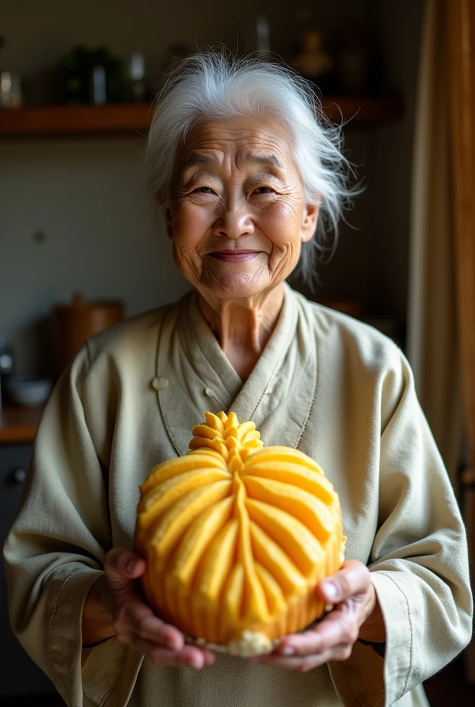 Auntie is holding yellow palm cake.