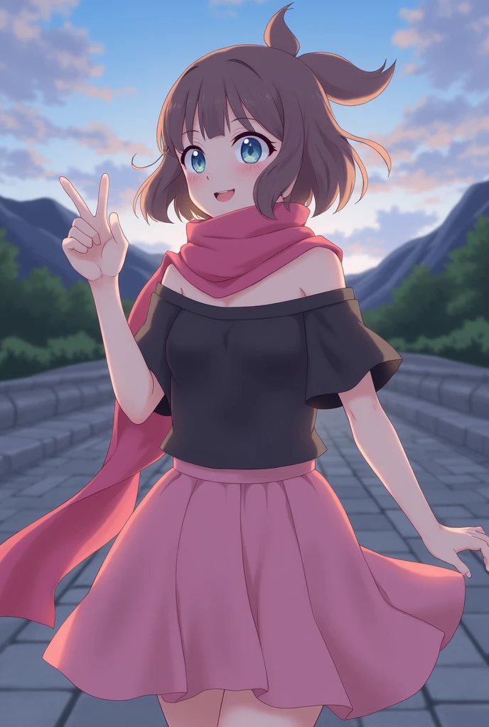 masterpiece, Best Quality, High resolution, 1 girl, Alone, dawn (Pokémon), pink scarf, black shirt, pink skirt, has, outdoor, bare shoulders,smile