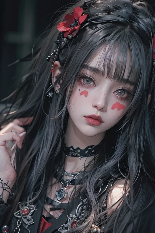 Highest quality、8k、masterpiece：1.3、Gothic Punk、The inner color is red、Gray Black Hair、hair ornaments、beautiful girl、creative、Dark Fantasy Style、Neogoth、Goth Fashion：1.2、High resolution、masterpiece、Highest quality、頭w:1.3、((Hasselblad Photos))、Fine skin、Sharp focus、(Cinema Lighting)、Realistic textured hair