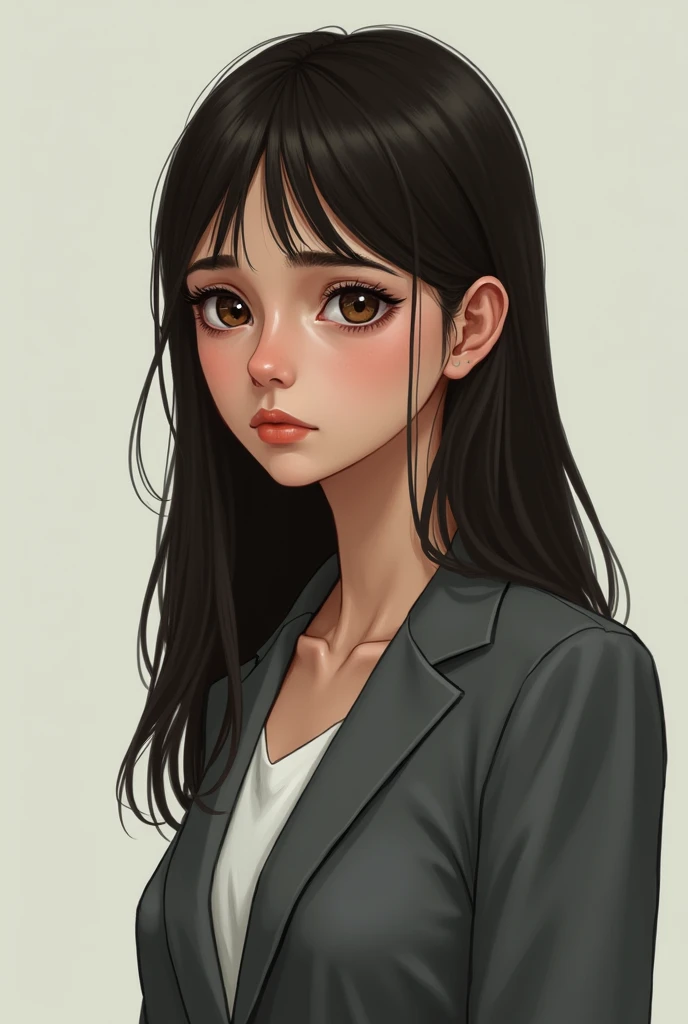 Female student in gray suit. straight dark hair, eyes browns. Brazilian features. not very pretty. thin mouth. wide nose.