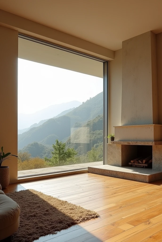 Living room dining room approximately 6 meters by 7 meters with a window from side to side at a height of 1 meter from the wall and with a 1 meter frame..5 high only on the back wall overlooking the eastern hills of Bogotá, and an old fireplace with a projection in the middle of the wall perpendicular to the window, wall height maximum 3 meters, Wooden floor and beige walls, white plaster ceiling, the other three walls sealed