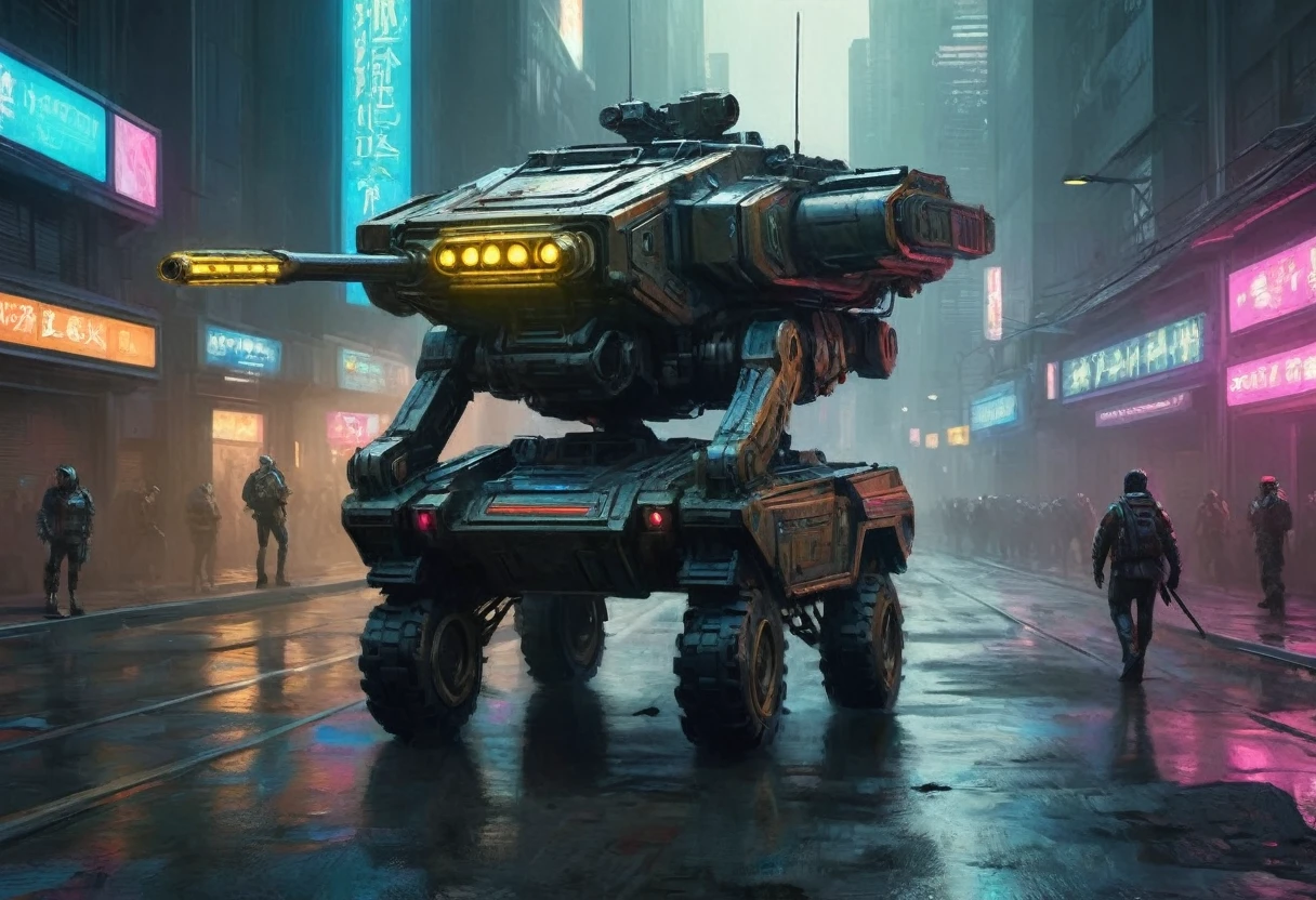 Aubrey Plaza, detailed cyberpunk armored scifi tank, neon highlights and trim, oversized scifi weapon, lead tank for MMO group, cyber Tokyo, hyper realistic, cinematic lighting, 8K, high resolution, masterpiece, dramatic pose, intense expression, dynamic action, vibrant colors, futuristic, intricate details, photorealistic