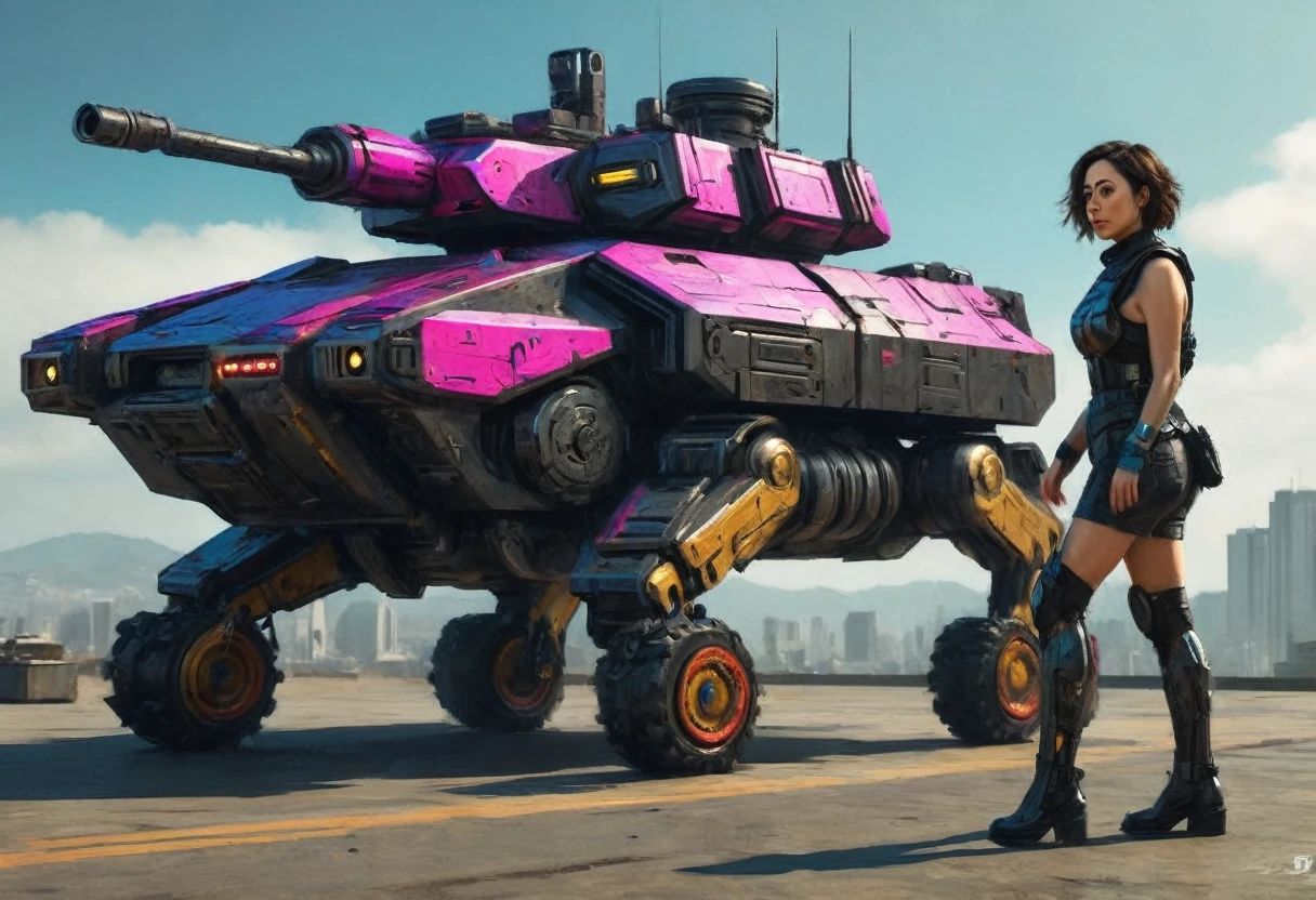 Aubrey Plaza, detailed cyberpunk armored scifi tank, neon highlights and trim, oversized scifi weapon, lead tank for MMO group, cyber Tokyo, hyper realistic, cinematic lighting, 8K, high resolution, masterpiece, dramatic pose, intense expression, dynamic action, vibrant colors, futuristic, intricate details, photorealistic