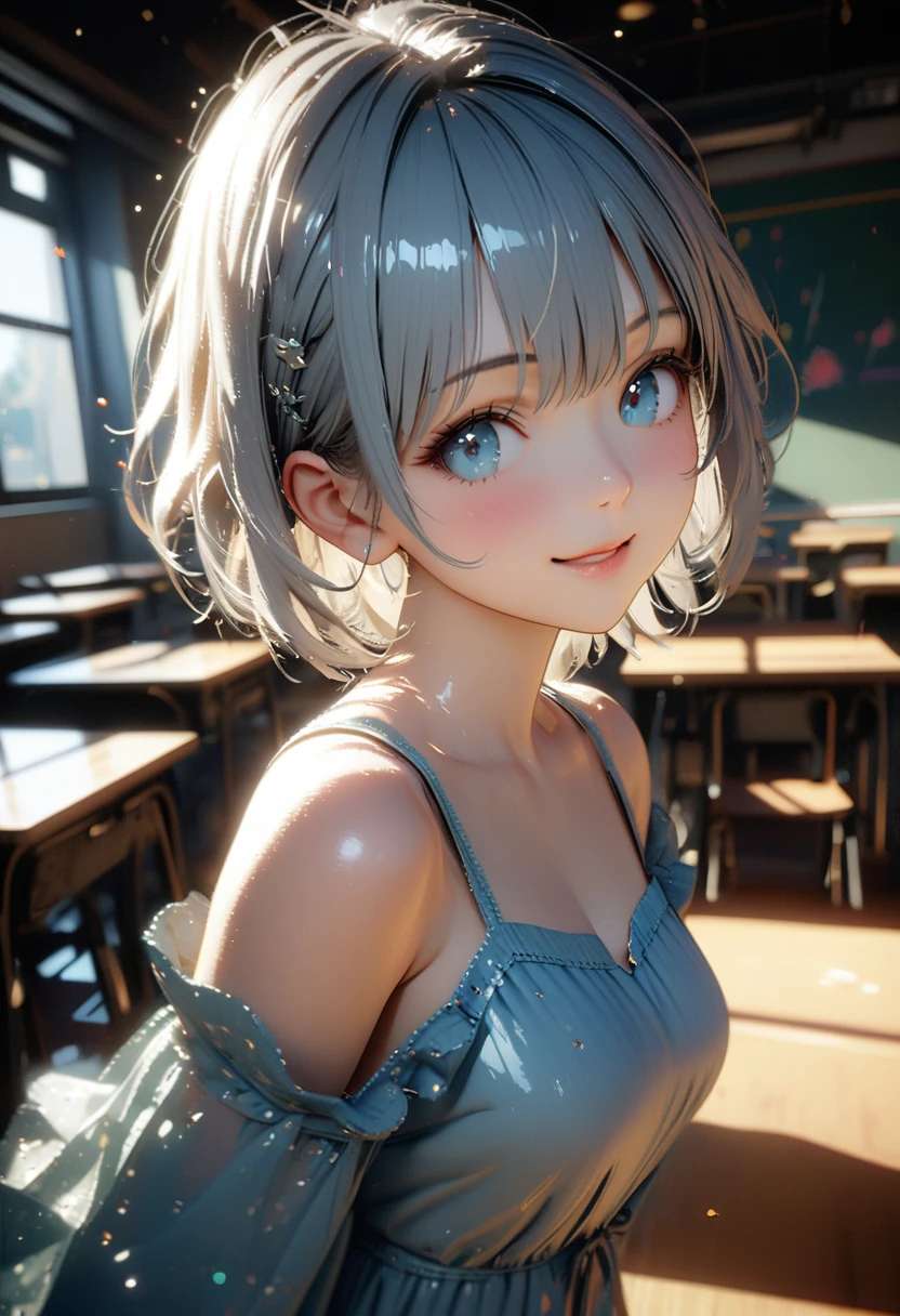 masterpiece,Game Art,Best picture quality,Maximum resolution,8k,(Upper Body),Unreal Engine 5 rendering works,(Digital Photography),(The girl looks at you lovingly,The smile is beautiful),Short hair details,(The eyes are very delicate),(With long gray hair:1.4),(Perfect body),(Bright dress,Black high heels,White cotton socks),(background:classroom),light,night,Ray Tracing,RAW photos,((3D Unreal Engine)),OC rendering reflection mode