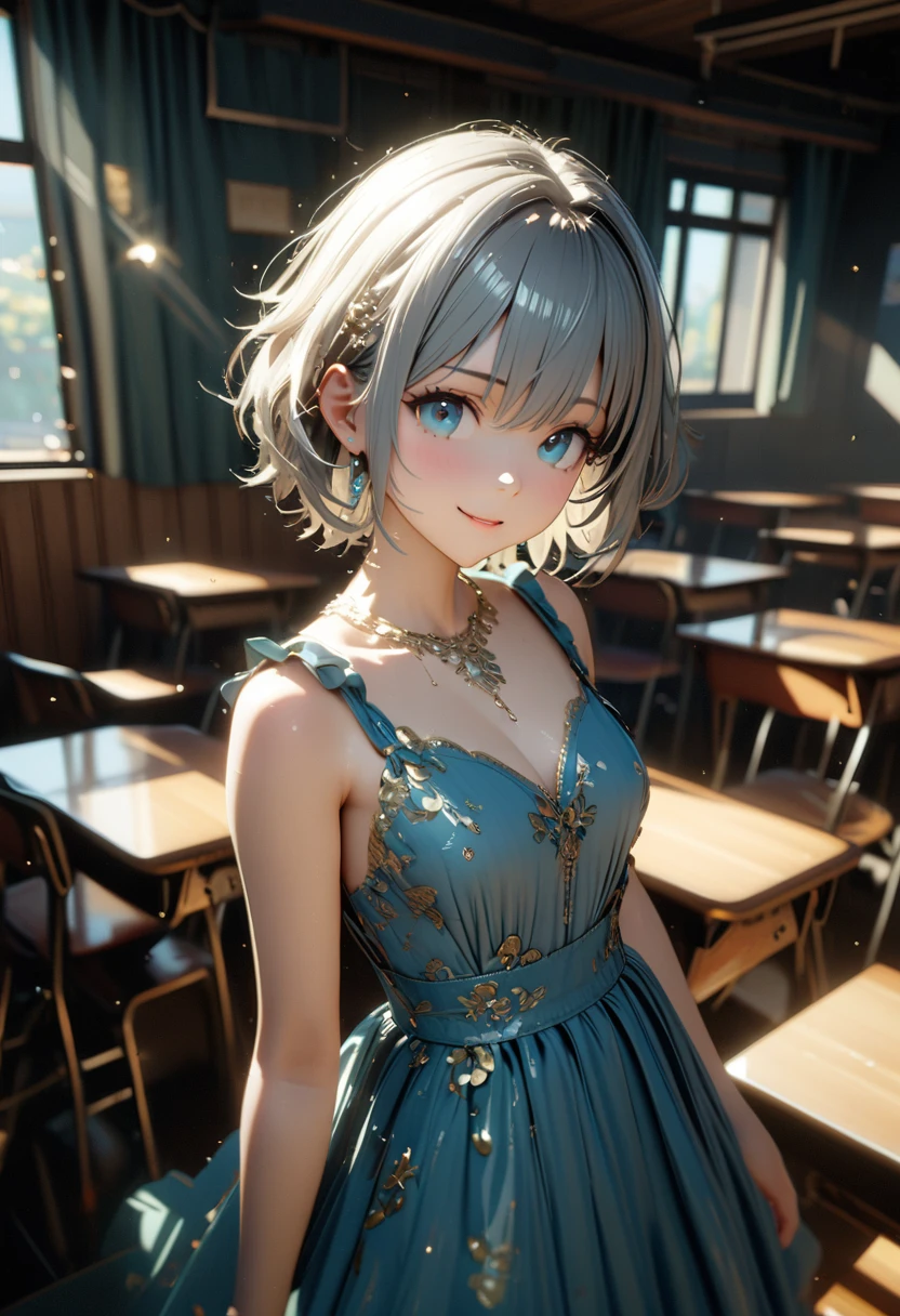 masterpiece,Game Art,Best picture quality,Maximum resolution,8k,(Upper Body),Unreal Engine 5 rendering works,(Digital Photography),(The girl looks at you lovingly,The smile is beautiful),Short hair details,(The eyes are very delicate),(With long gray hair:1.4),(Perfect body),(Bright dress,Black high heels,White cotton socks),(background:classroom),light,night,Ray Tracing,RAW photos,((3D Unreal Engine)),OC rendering reflection mode