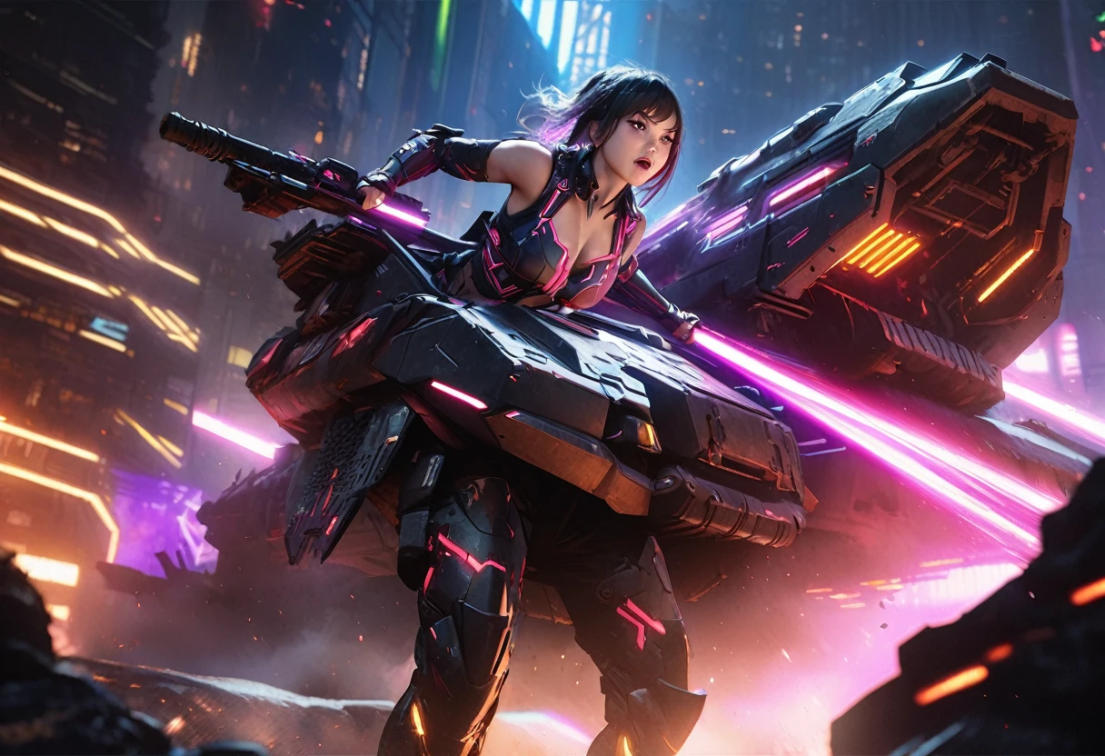 Aubrey Plaza, detailed cyberpunk armored scifi tank, neon highlights and trim, oversized scifi weapon, lead tank for MMO group, cyber Tokyo, hyper realistic, cinematic lighting, 8K, high resolution, masterpiece, dramatic pose, intense expression, dynamic action, vibrant colors, futuristic, intricate details, photorealistic
