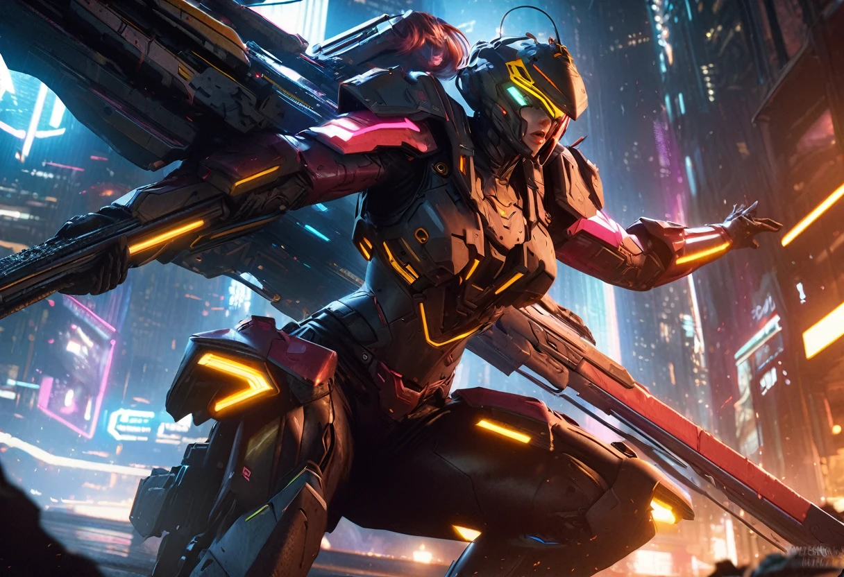 Aubrey Plaza, detailed cyberpunk armored scifi tank, neon highlights and trim, oversized scifi weapon, lead tank for MMO group, cyber Tokyo, hyper realistic, cinematic lighting, 8K, high resolution, masterpiece, dramatic pose, intense expression, dynamic action, vibrant colors, futuristic, intricate details, photorealistic
