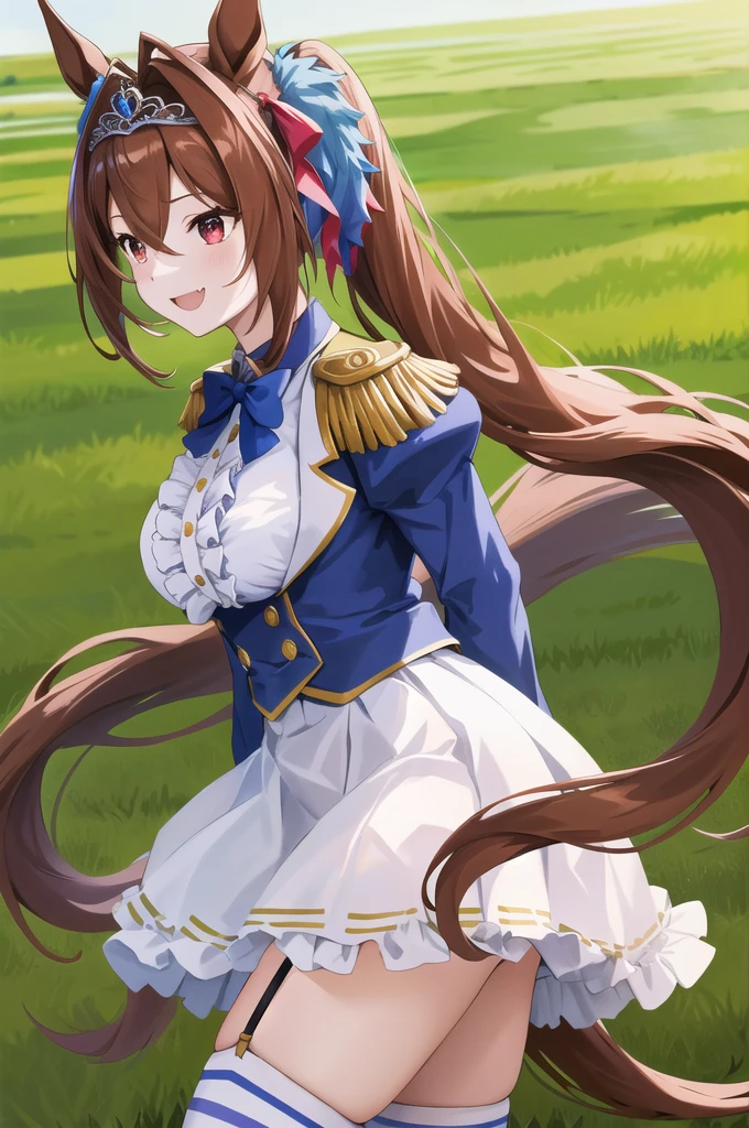 masterpiece, best quality, highres, 1girl, daiwa scarlet (umamusume), horse ears, long hair, twintails, tiara, horse tail, very long hair, brown hair, epaulettes, garter straps, long sleeves, large breasts, fang, red eyes, bowtie, bangs, puffy sleeves, blue jacket, white thighhighs, center frills, white shirt, hair between eyes, white skirt, blue skirt, hair bow,  standing, field, outdoors, smile, from side,