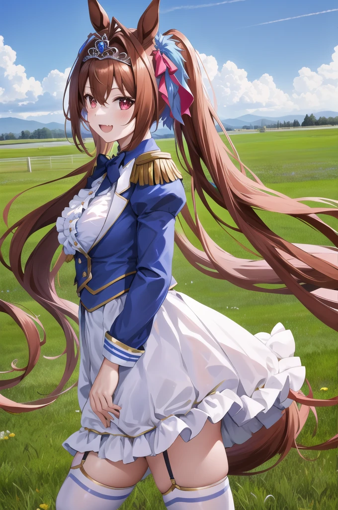 masterpiece, best quality, highres, 1girl, daiwa scarlet (umamusume), horse ears, long hair, twintails, tiara, horse tail, very long hair, brown hair, epaulettes, garter straps, long sleeves, large breasts, fang, red eyes, bowtie, bangs, puffy sleeves, blue jacket, white thighhighs, center frills, white shirt, hair between eyes, white skirt, blue skirt, hair bow, standing, field, outdoors, smile, from side,