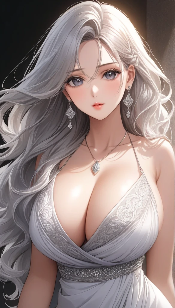 A beautiful woman with long white wavy hair, grey eyes, wearing an detailed design and description saree, extremely detailed hair, extremely detailed eyes, extremely detailed body, (best quality,4k,8k,highres,masterpiece:1.2),ultra-detailed,(realistic,photorealistic,photo-realistic:1.37),detailed long drop dangle earrings, saggy breasts, elegant, intricate, cinematic lighting,long chain necklace,