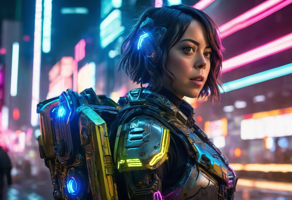 Aubrey Plaza, detailed cyberpunk armored scifi tank, neon highlights and trim, oversized scifi weapon, lead tank for MMO group, cyber Tokyo, hyper realistic, cinematic lighting, 8K, high resolution, masterpiece, dramatic pose, intense expression, dynamic action, vibrant colors, futuristic, intricate details, photorealistic
