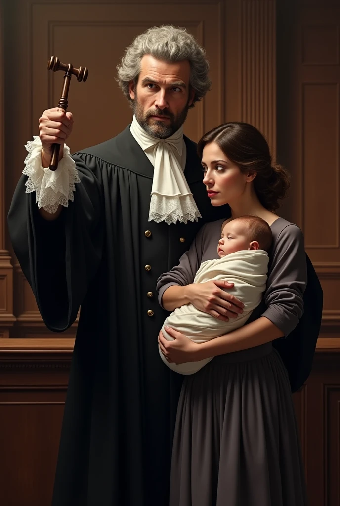 A man dressed as a judge with a gavel in his hand and a woman with her baby