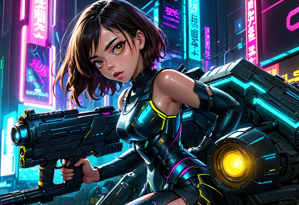 Aubrey Plaza, detailed cyberpunk armored scifi tank, neon highlights and trim, oversized scifi weapon, lead tank for MMO group, cyber Tokyo, hyper realistic, cinematic lighting, 8K, high resolution, masterpiece, dramatic pose, intense expression, dynamic action, vibrant colors, futuristic, intricate details, photorealistic
