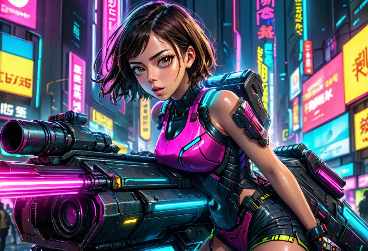 Aubrey Plaza, detailed cyberpunk armored scifi tank, neon highlights and trim, oversized scifi weapon, lead tank for MMO group, cyber Tokyo, hyper realistic, cinematic lighting, 8K, high resolution, masterpiece, dramatic pose, intense expression, dynamic action, vibrant colors, futuristic, intricate details, photorealistic
