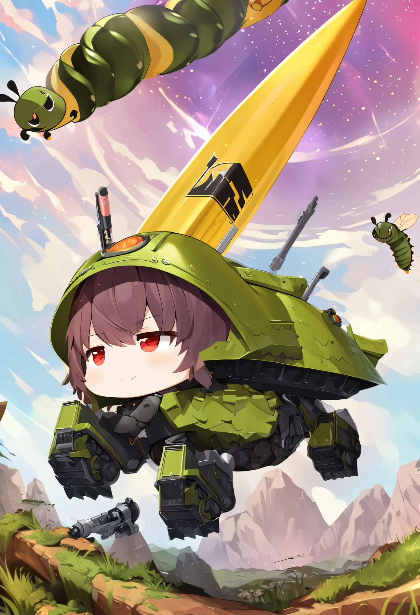 cute chibi girl soldier wearing a helmet on a vehicle made of (caterpillar:1.3) armor, moving forward with a 360-degree beam cannon, 2.5D, delicate and dynamic, graphic CG digital fantasy art