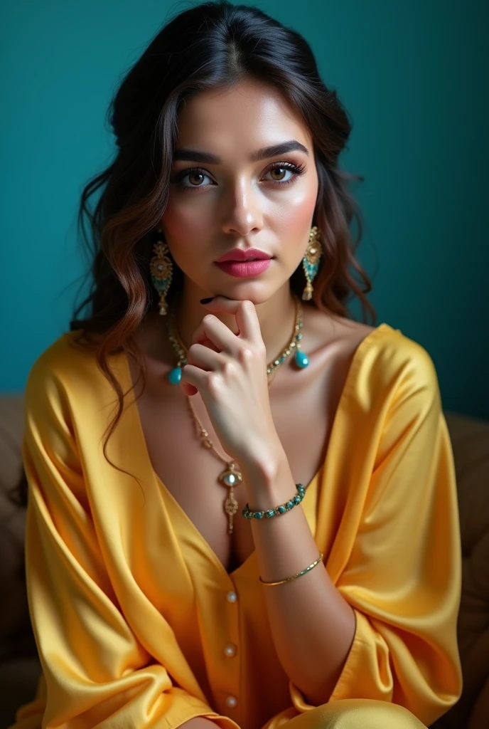 satin Salwar Kameez golden aqua+blue gradient color, (RAW photo, realism: 1.8), (very dark pink lip gloss, jet dark pink lipstick, many eyelashes, dark brown eye shadow, shy, (tight glossy satin kurta), blushing, high quality, high resolution, depth of field, chromatic aberration, caustic, wide light, natural colors, 30 year old woman), necklaces, chokers, earrings, bracelets, wear many accessories, soft skin fair pink skin, small breasts size, oily shine skin, slime nose soft skin, wears node pin,full length portrait, full body shot, sitting, glossy satin clothes,beautfiul hispanic mixed race woman,