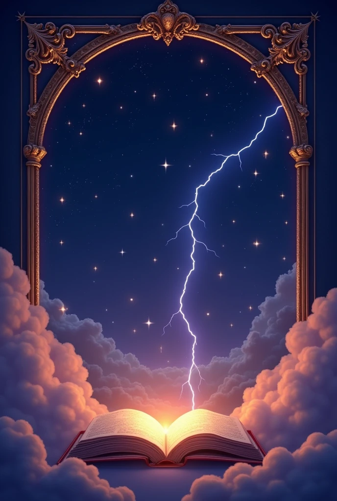 Animated starry background with golden old book frame and golden stars, clouds and lightning, purple touches in the sky