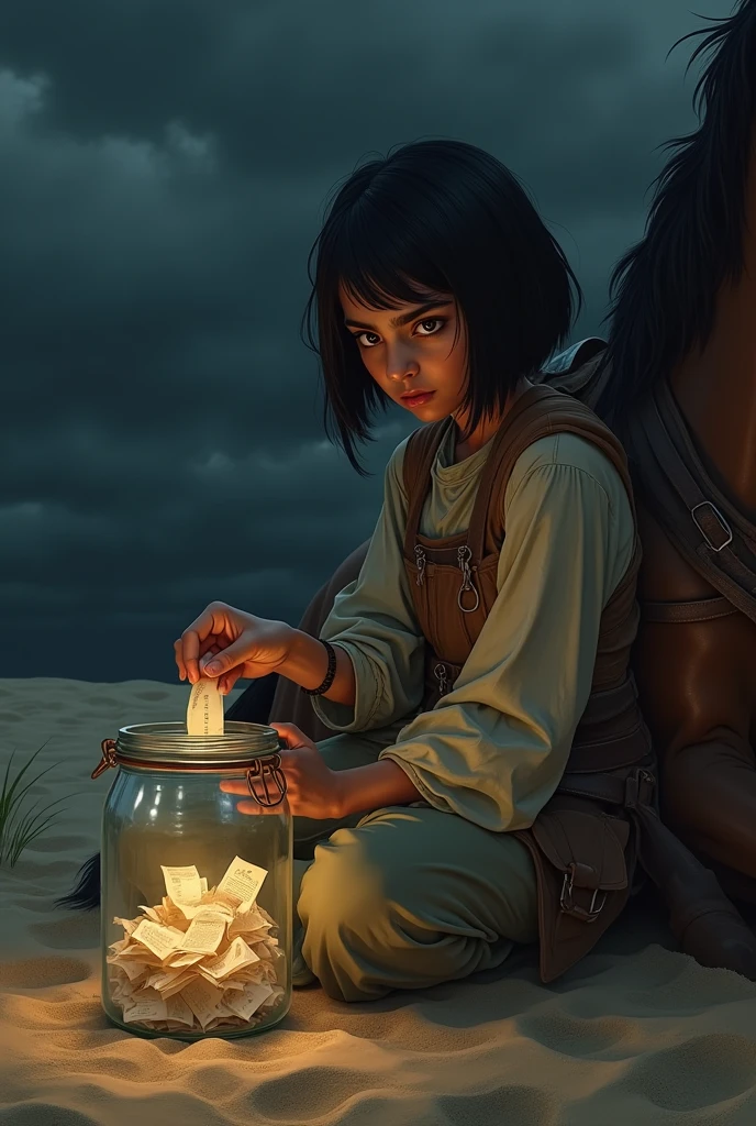 A   Pakistani warrior girl with bob haircut 
Sitting on sand
Leaned to a horse back 
In a dark scary night 
She has a glass jar in her lap
She is pulling a  paper from the glass jar  full of folded paper pieces