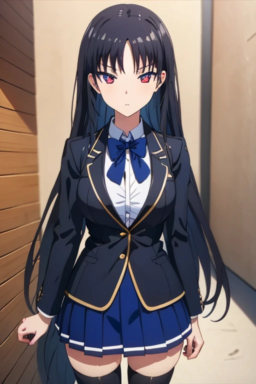 black hair, red eyes, demon tail, hairband, long hair, mechanical tail, multicolored hair, tail, (small breasts:1.2), BREAK jacket, skirt, striped, striped thighhighs, thighhighs, shirt, white shirt, blue skirt, zettai ryouiki, blue sleeves, red sleeves, BREAK looking at viewer, upper body, fully body, BREAK outdoors, BREAK (masterpiece:1.2), best quality, high resolution, unity 8k wallpaper, (illustration:0.8), (beautiful detailed eyes:1.6), extremely detailed face, perfect lighting, extremely detailed CG, (perfect hands, perfect anatomy),