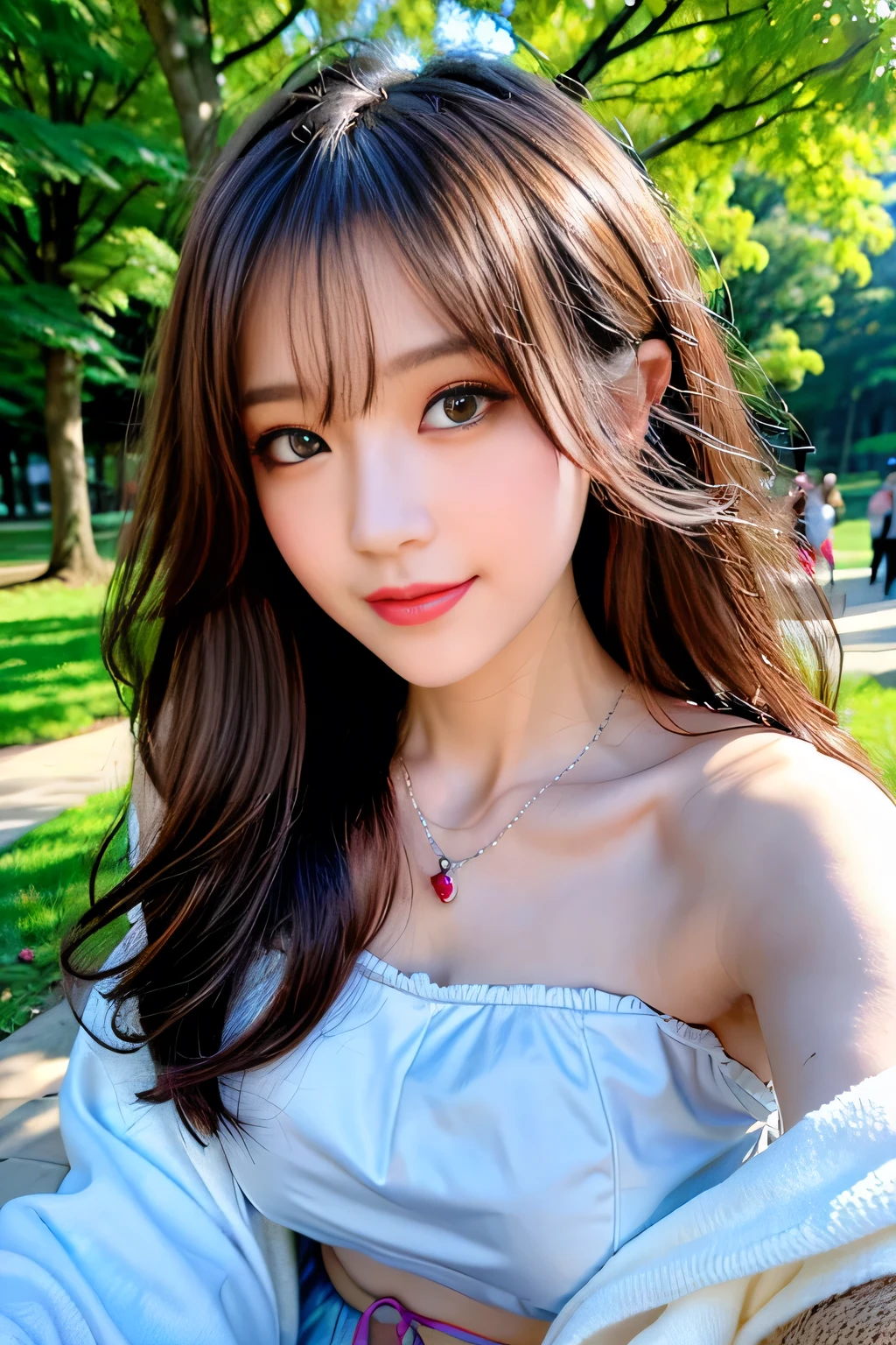seed;2372725988,((Full Body Angle))、((Front hair:1.3))、((Highest quality, 8k, masterpiece: 1.3)), concentrated: 1.2, Cute girl 1,Nipples erect、 Perfect beauty: 1.4,Summer off-the-shoulder cropped T-shirt、Letter Print、Shorts: 1.2,Long sleeve、Randall Color、comics&Text Graphics、Black ruffle-trimmed drawstring zip blouse,1.1, Highly detailed face and skin textures, Fine grain, double eyelid, whitening skin, ,Highest quality,Ultra-high resolution,you,1 girl,alone,_Shiny_skin,Iris,necklace,((brown_length_Wavy_hair)),(lips)),eyelash,Front hair,deal with,compensate,Shiny,pore,skin,Large Breasts、((smiling face))、Walking in the park、Selfie、
