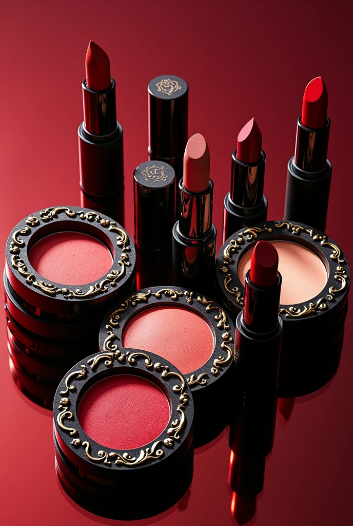 I want to create a makeup line, with 2 types of lipsticks, one dark red and the other medium brown, 3 peach blush colors, marsala color and wine color, a mascara, compact powder, and highlighters in golden white colors, bright blue-white, and bright lilac, but not vintage glamour style, with rococo style details in relief, in dark red colors, black and gold, with the brand name RedWine