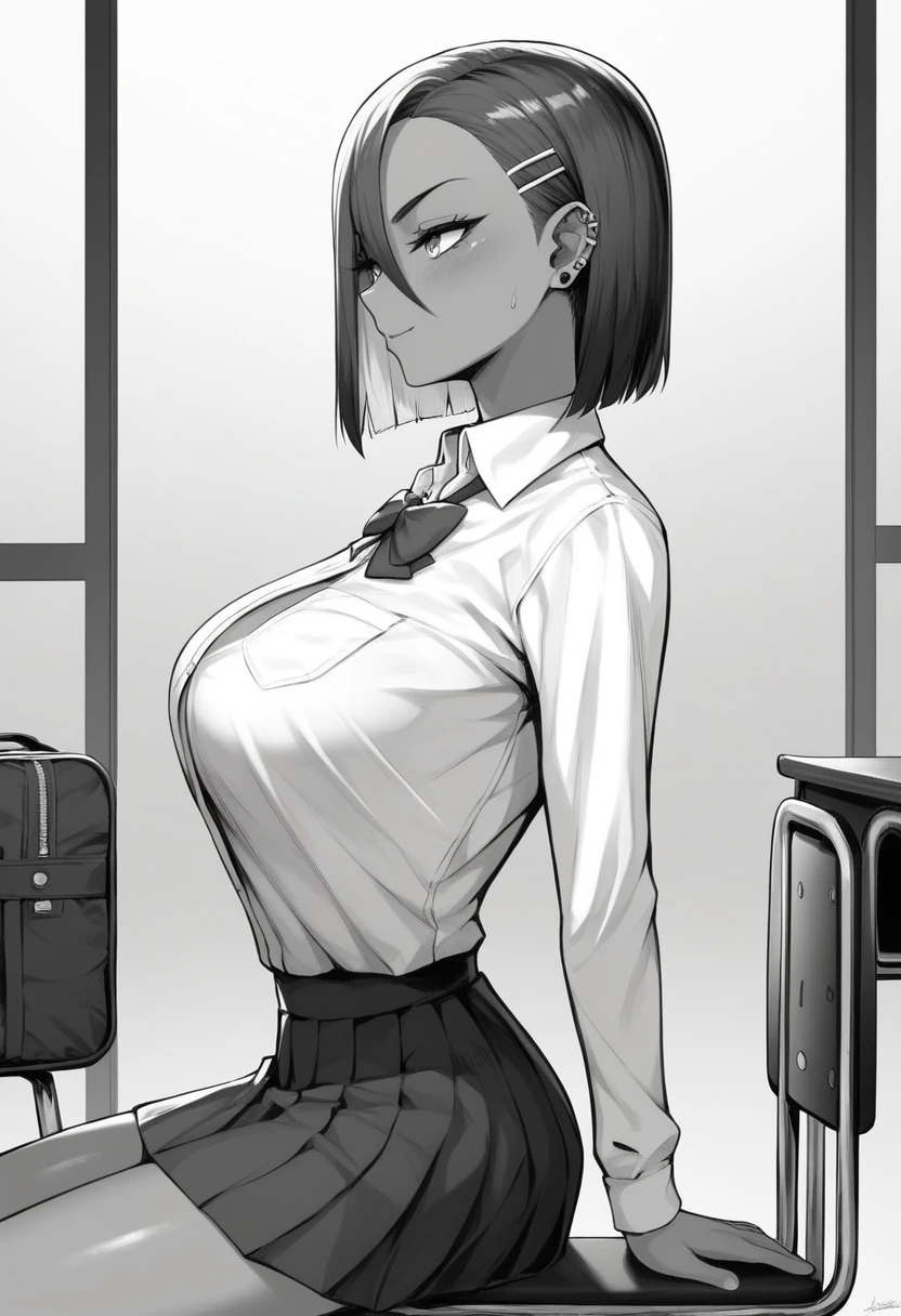 1girl, Monochrome, slightly dark skin, skirt, Japanese high school skirt, tight dress shirt, medium tomboy haircut, medium tomboy hairstyle, sexy soft face, sexual face, extremely feminine face, female jawline, manga style, (angled front side view image, pov front angled side profile view), ((((extremely big breasts, extremely Wide hips, extremely big ass, thick thighs, thicc, busty, big ass)))), black choker, annoyed expression, annoyed face, slightly annoyed expression, crisscross hair clip on left side of hair, subject is looking at phone in right hand, black ear piercing, detailed, masterpiece, 8k image, beautifully detailed, sitting down, sitting on Japanese’s school chair, in club room, interior Japanese high school club room, good hand anatomy, feminine hands,