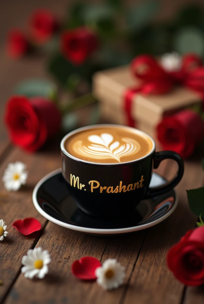 On the wooden table sits a black ceramic coffee cup filled with espresso and topped with a delicate latte art like heart-shaped leaf pattern and a red Rose and small white flower sits on table and a gift, with the words "Mr Prashant" written on the cup clear golden bold letters. The background is softly blurred, which emphasizes the warm colors of the drink, 32k HDR quality picture.