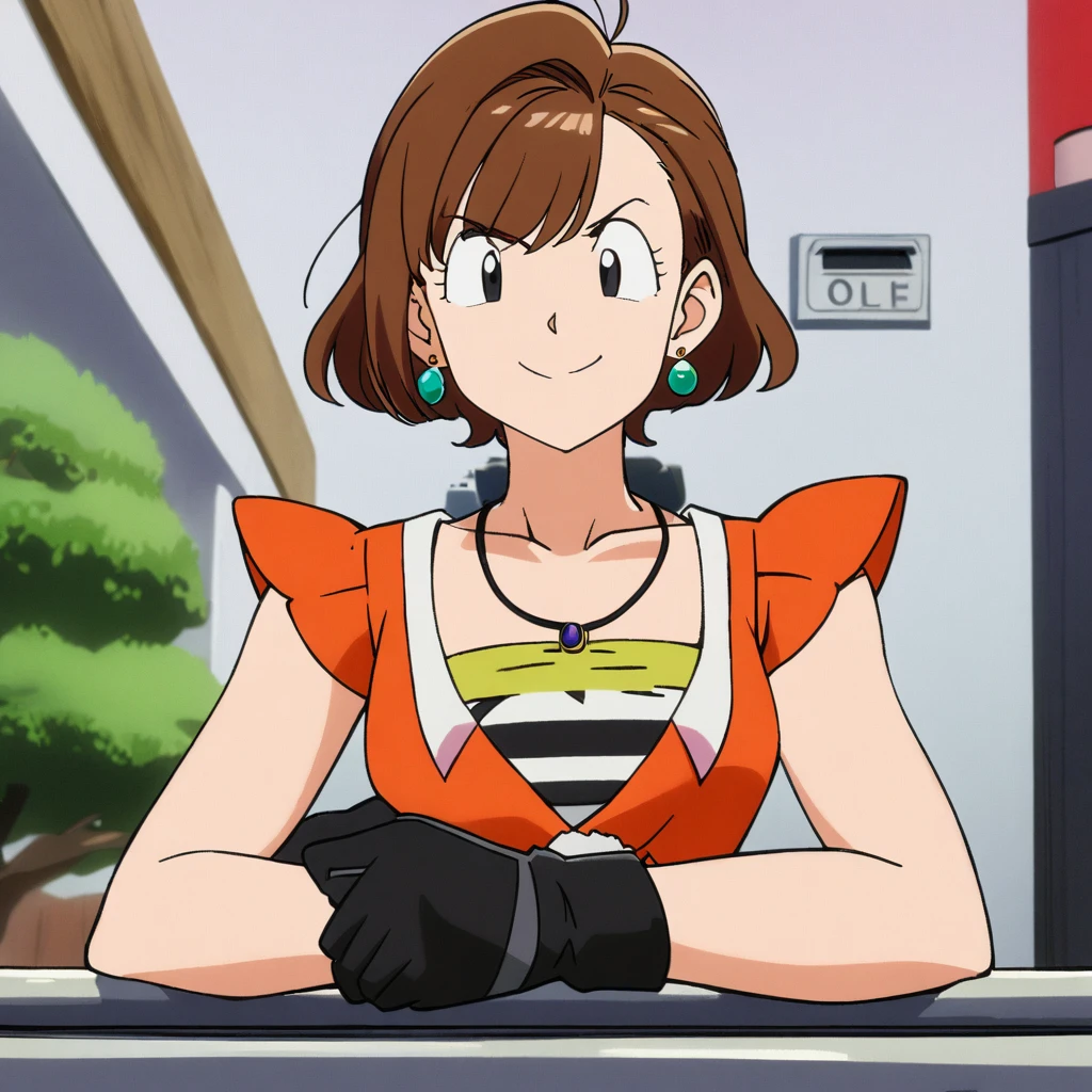 1 Girl, Japanese cartoons_dyeing, Black_Eye, Black_Gloves, Brown_hair, Necklace, earrings, Gloves, Jewelry, letterbox, Parody, short_hair, Smile, Solitary, style_Parody,  