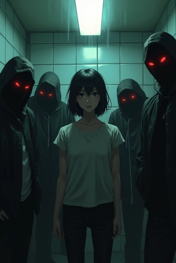 Miou, the protagonist of the game Haibin, is being attacked by multiple men in the bathroom.