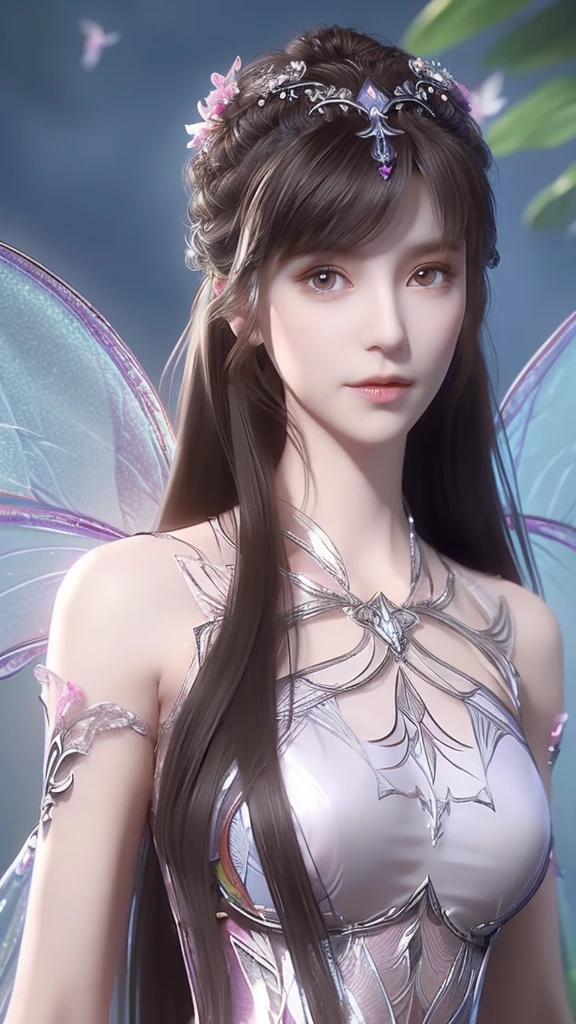 Masterpiece, highest quality, (((masterpiece))), (((highest grade))), ((extra fine)), (illustration), ((extremely delicate and beautiful)), dynamic angle, floating, (fairy Wings: 1.4), (beautiful detailed eyes), (detailed light), (1 girl), medium bust, medium long hair, dark brown sparkling eyes, dark brown hair, bodycon dress, natural, (sunlight), (painting), (sketch), (flower), slight smile, pastel colors, complete anatomy, upper body, highly detailed beautiful face,