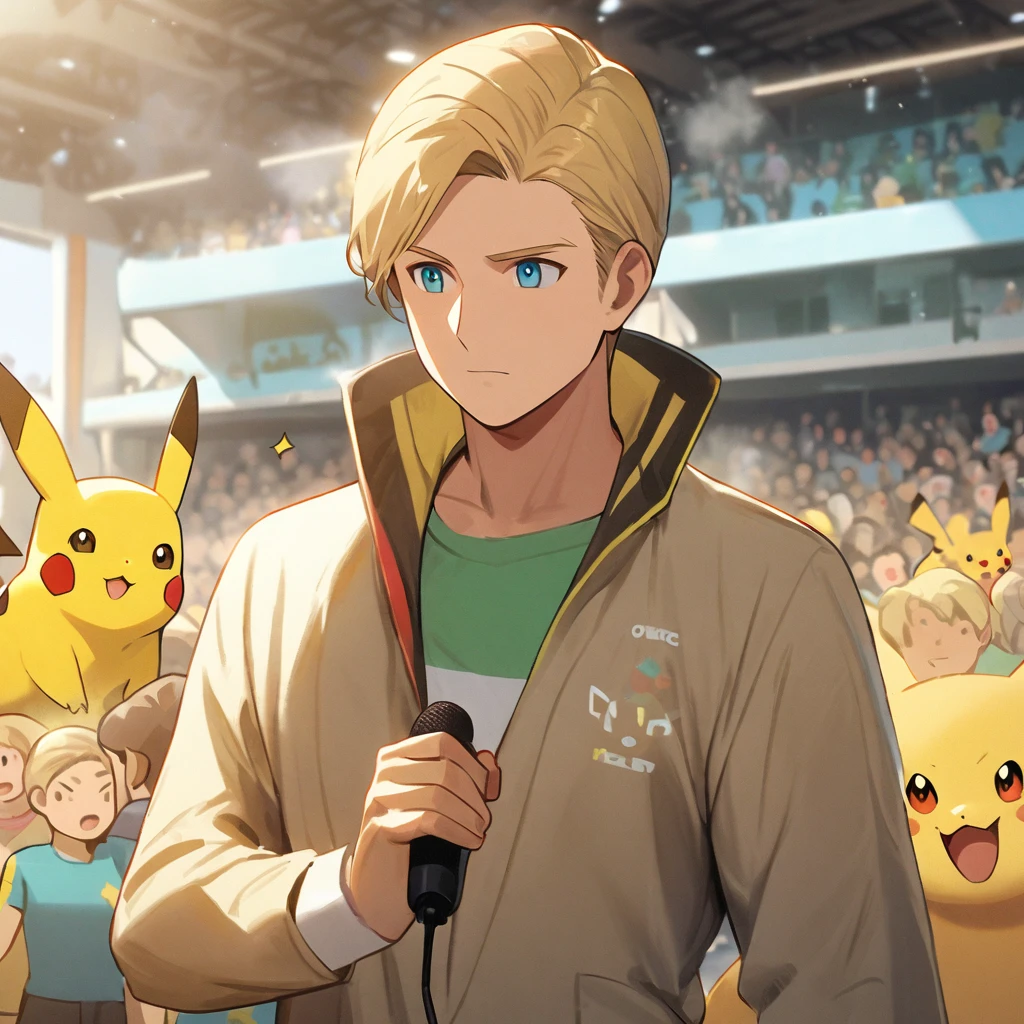 Steve Irving, 1 boy, Male focus, Blonde Hair, Keep,  Keep a microphone speaking to a crowd, Pikachu, Steam, Jolteon and Bulbasaur on his shoulders, At a Pokémon Gym, Specular Highlights, Delicate face, Delicate eyes,