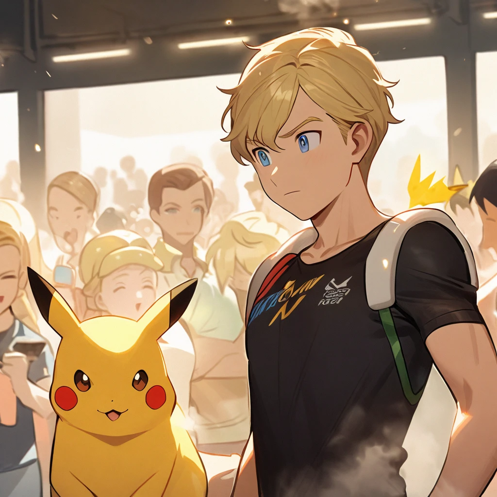 Steve Irving, 1 boy, Male focus, Blonde Hair, Keep,  Keep a microphone speaking to a crowd, Pikachu, Steam, Jolteon and Bulbasaur on his shoulders, At a Pokémon Gym, Specular Highlights, Delicate face, Delicate eyes,