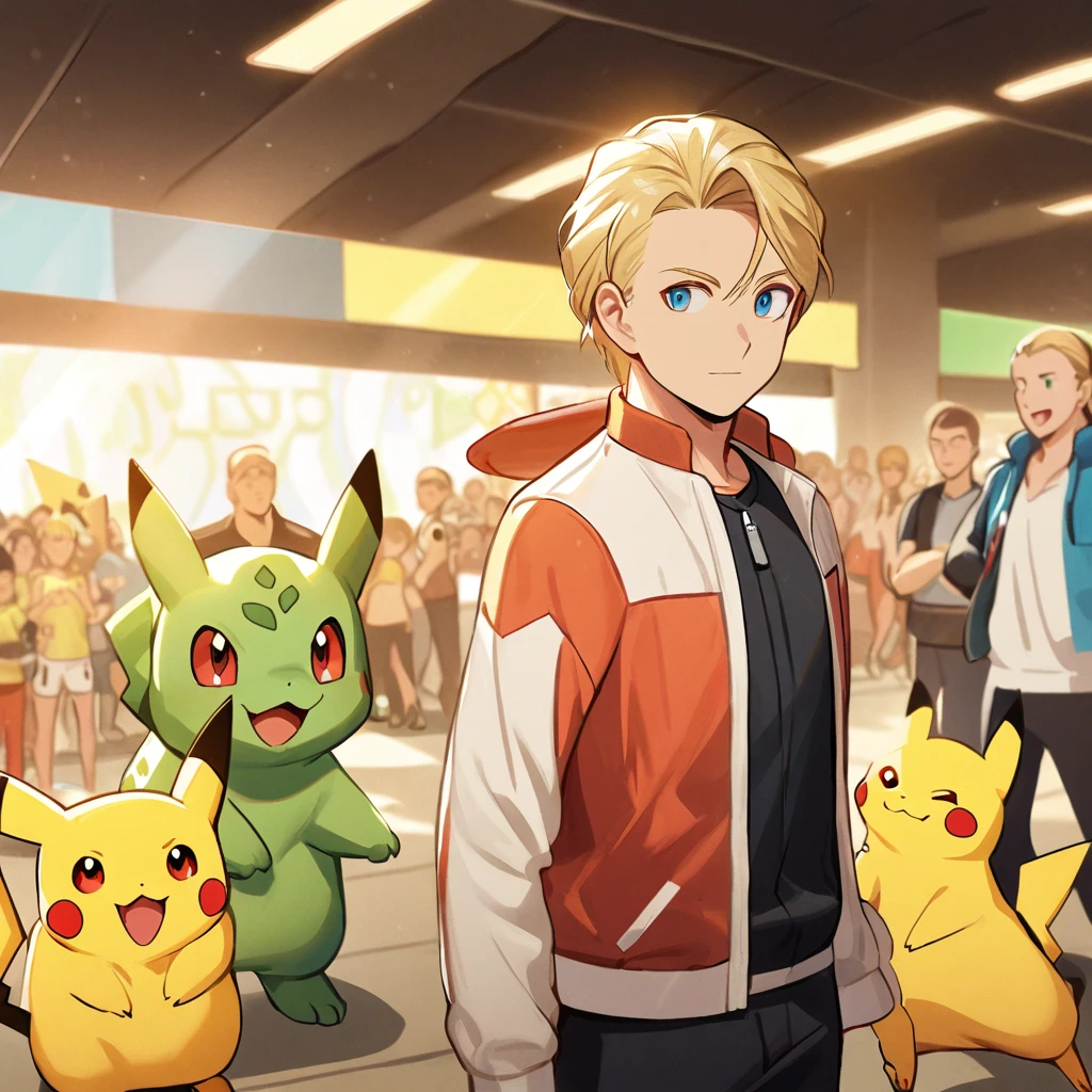 Steve Irving, 1 boy, Male focus, Blonde Hair, Keep,  Keep a microphone speaking to a crowd, Pikachu, Steam, Jolteon and Bulbasaur on his shoulders, At a Pokémon Gym, Specular Highlights, Delicate face, Delicate eyes,