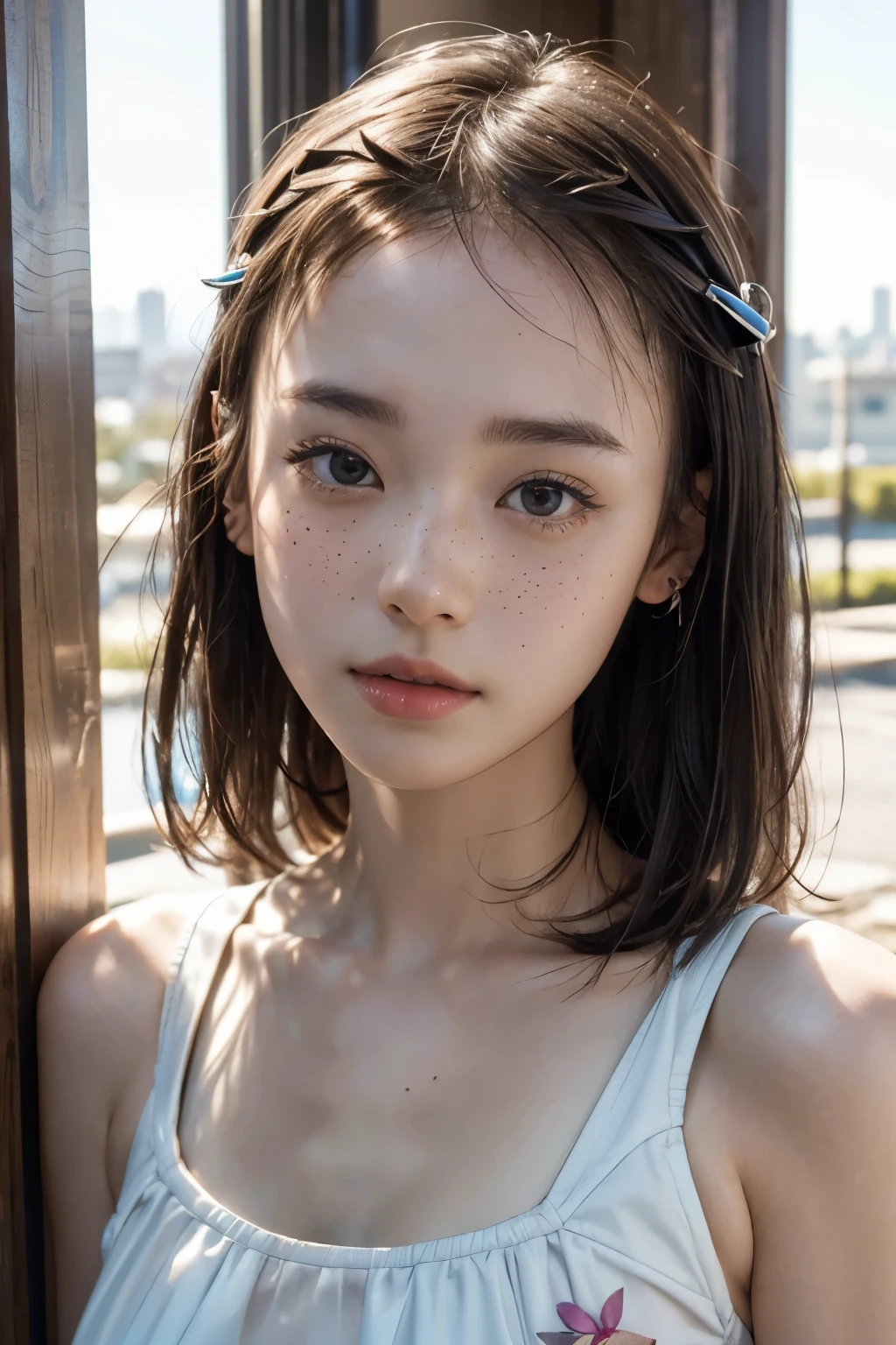 Highest quality ,8k.masterpiece,Ultra-high resolution,(Photorealistic:1.4), 1 girl, View your viewers,Very fine grain definition、 japanese famous actress, very beautiful,cute, Cinematic, 16mm lens, f/ 1. 8, Sun light,Natural Light,Color temperature 3000K,8k, In downtown Japan, Pause、************、(Smaller School Swimwear:1.2)、Parting your bangs、Short Bob、Flower Hairpin、Small earrings in the ears、(No thinning:1.8)、(Light freckles:1.2)、pores、(Front-light strobe:1,2)、Daytime Synchronization、
