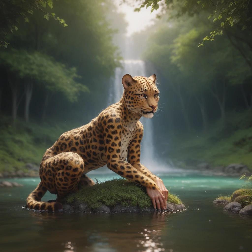 maozonia indigenous girl, 18 years old, bathing in a river, in the middle of the forest, a jaguar watching from afar, sad, Clockpunk, Gamercore, street level view, Blender rendering, 100mm, Sculpture, iridescent colors, Medicalcore, strobe lighting, ultra realistic, photorealistic, octane render, unreal engine, hyper detailed, volumetric lighting, hdr, octane render, fantasy 4k 8K