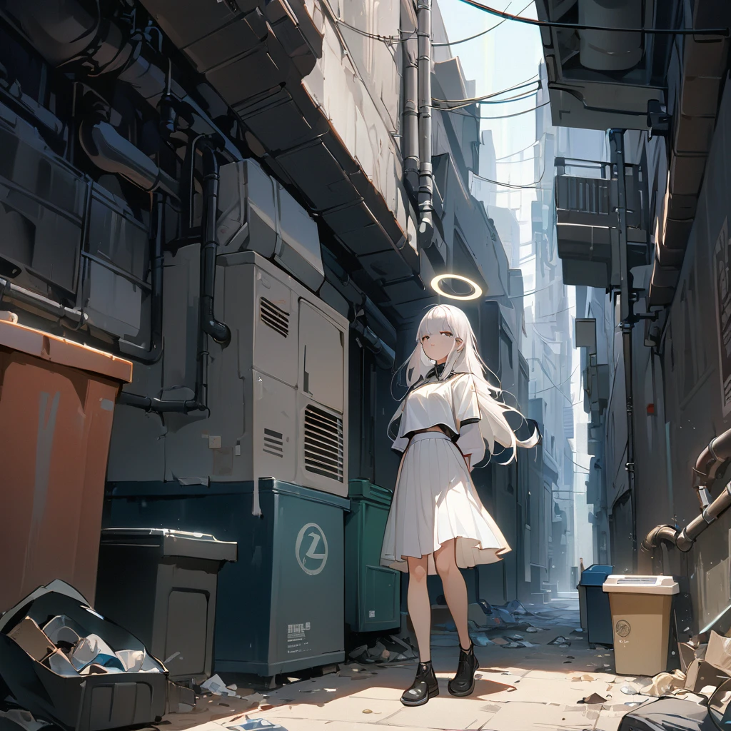 ((masterpiece, best quality)),A girl, Solitary, skirt, permanent, Halo, alley, outdoor, Bangs, white skirt, White hair, Long hair, Black footwear, Industrial pipe, Looking at the audience, Air conditioner,Dark Lights, Rubbish, Rubbish bin, Huaxiahua 2011 