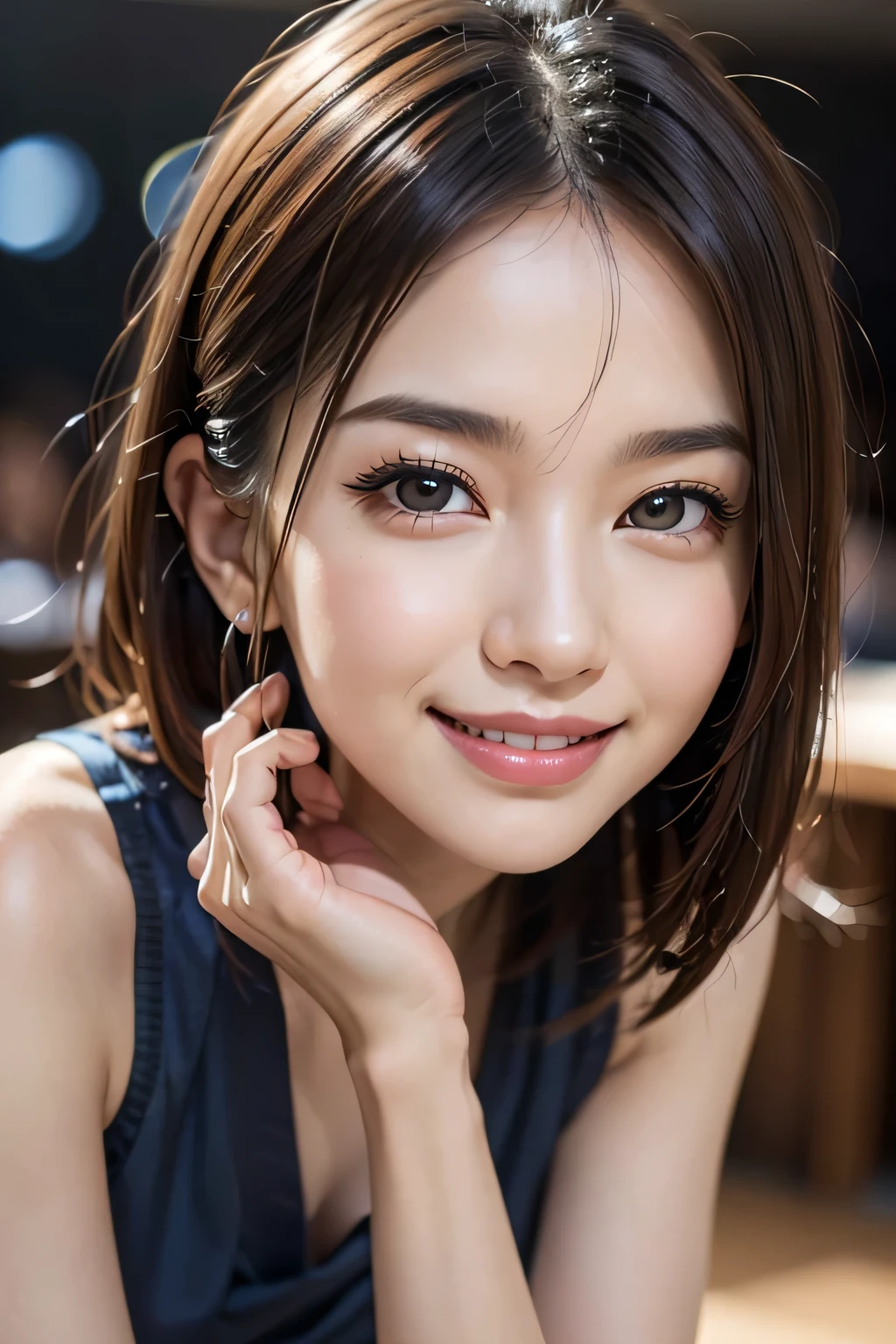 (Surreal), (shape), (Increased resolution), (8k), (Very detailed), (Best shape), (Beautiful and detailed), (Highest quality), (Very detailedな), (masterpiece ), ( wallpaper), (Detailed face), 1 girl, 44 years old, Grin, Blue blouse and tight mini skirt, Looking at the audience, Finer details, Detailed face, In the Dark, Deep Shadow, secret key, Beautiful Face, Bob Hair