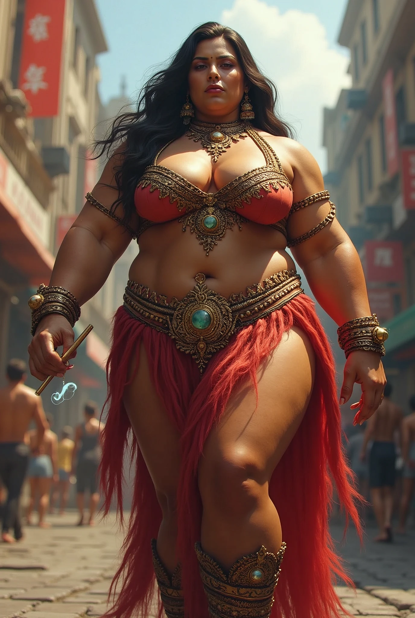 araffe woman in a costume smoking a cigarette on a street, beautiful thick female, muscular ultraviolent woman, thick body, muscular girl, big muscle, powerful and huge, exaggeratedly large physique, feminine and muscular, huge muscles, massive muscles, voluptuous and arousing, very beautiful. big muscles, large muscles, big muscles, indian goddess