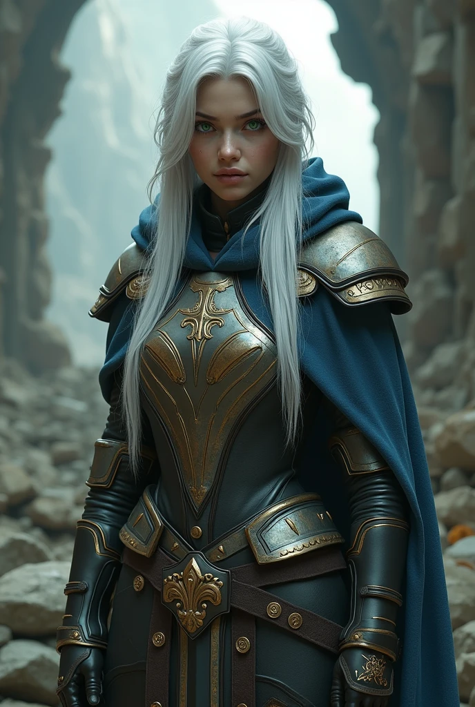 Exploring futuristic ruins in a medieval world (([white|celeste] hair)), long hair, green eyes, Leather and metal armor, with a worn blue cape with gold details, Under the cloak protruding a black sword with a diamond-shaped golden handle, metal breastplate with clan engravings, tattoos on the right arm, mirada curiosa y sorprendida HAcia las ruinas 3/4,  (calming tones:1.0), (HdR:1.25), (art station:1.2), dramatic, evil creatures at the bottom of the ruin, Reserved barckground, rule of third composition (intricate details:1.14), (hyper realistic 3d rendering:1.16), (filmic:0.55), (rutkowski:1.1), (despondent:1.3)HA