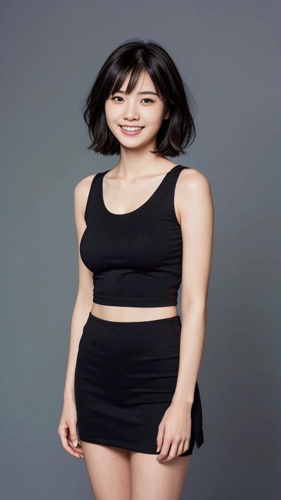 (Highest quality:1.5), (Real:1.4), (Ultra high definition:1.4), (No correction:1.4), (18 years old short Japanese girl with big breasts standing front plain background), (Short stature girl), (Asymmetrical bangs), (short hair), (Black Tank Top), (mini skirt), (18 years old short girl wears black tank top and mini skirt), (girl viewed from the front), (Plain background), (Cowboy Shot), (smile), (upright),