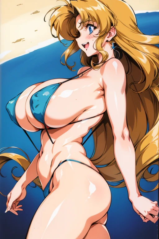 Highest quality, Very detailed, High resolution, 1990s_(style), retro artstyle, 1990s anime cels style, Vibrant colors, (Flat Color:1.2), Beach, crowd, One woman is 46 years old., Mature Woman, Mature Woman, (Huge breasts:1.2), sl1ngsh07, White slingshot bikini with exposed nipples, Blonde, Wavy Hair, blue eyes, Big eyes, smile,Open your mouth, From the side, avert your eyes, running, Wind