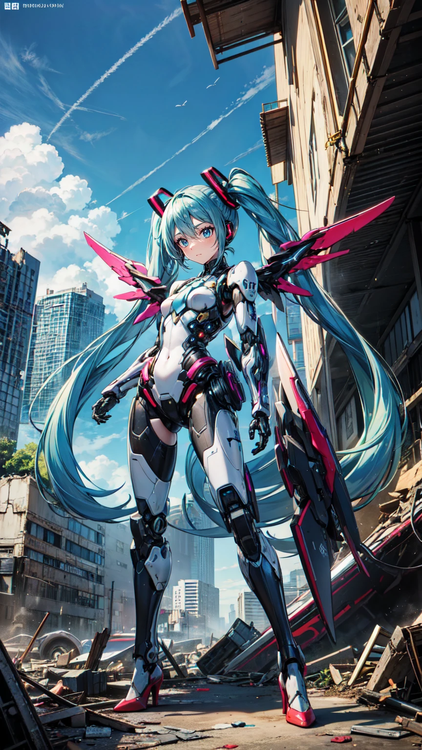 Hatsune Miku Vocaloid、Twin tails、Light blue hair、Bright Blue Eyes、High heels、Highly sophisticated cyborg, Arms folded in front of the destroyed city, Bionic body with futuristic details. Fighter wings on his back、(破壊された街の前で腕を組んだHighly sophisticated cyborg, Bionic body with futuristic details.)