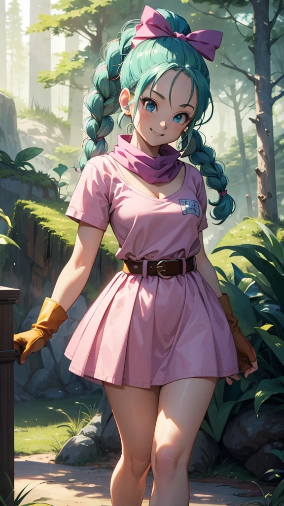 masterpiece, best quality, high resolution, dragon ball, blmpony, aqua hair, hair ribbon, braided ponytail, pink shirt, belt, scarf, pink skirt, clothes writing, brown gloves, ultra mini pink dress,  show ass ((half ?????))) smiling, forest background, wallpaper. 