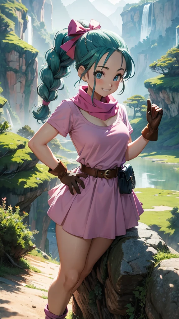 masterpiece, best quality, high resolution, dragon ball, blmpony, aqua hair, hair ribbon, braided ponytail, pink shirt, belt, scarf, pink skirt, clothes writing, brown gloves, ultra mini pink dress,  show ass ((half naked))) smiling, forest background, wallpaper. 